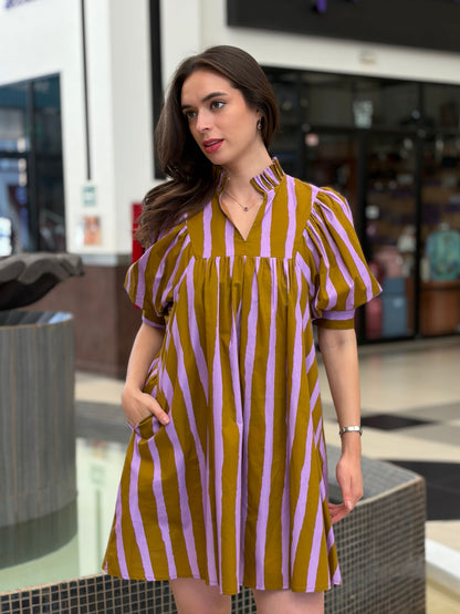 Vestido Midi Holgado a Rayas Púrpura y Café