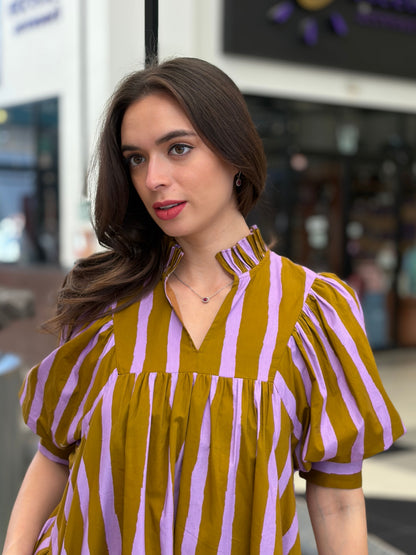 Vestido Midi Holgado a Rayas Púrpura y Café