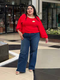 Blusa Roja Texturizada con Mangas Abullonadas y Broche