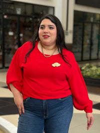 Blusa Roja Texturizada con Mangas Abullonadas y Broche