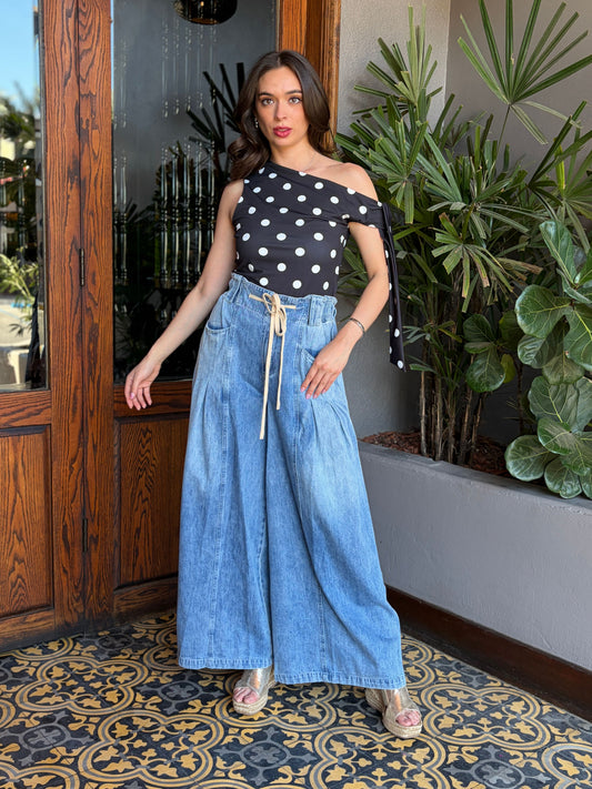 Pantalón Palazzo de Mezclilla con Pretina Elástica y Lazo