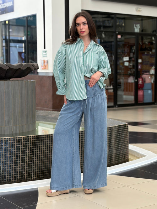 Pantalón Palazzo de Mezclilla Ligera con Pretina Elástica