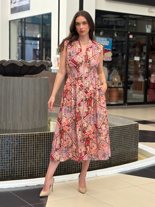 Maxi Vestido Floral con Cierre Frontal y Cintura Elástica