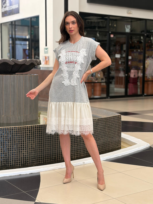 Vestido T-shirt con Falda de Encaje