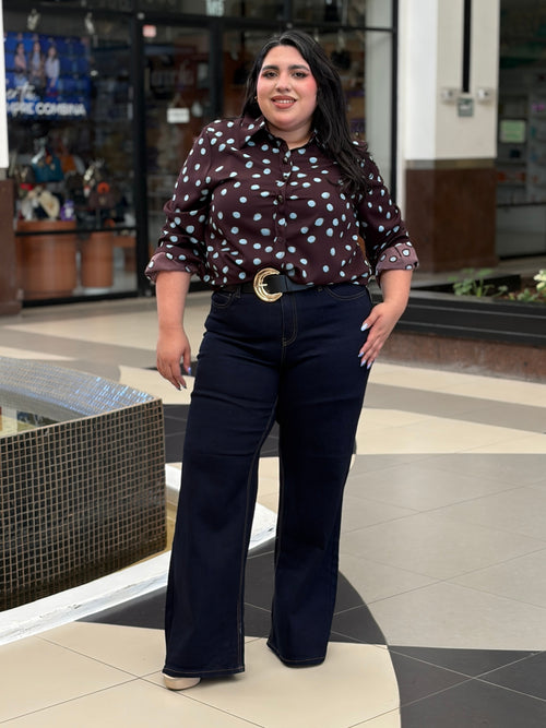 Camisa de Satín de Lunares con Botones Decorativos
