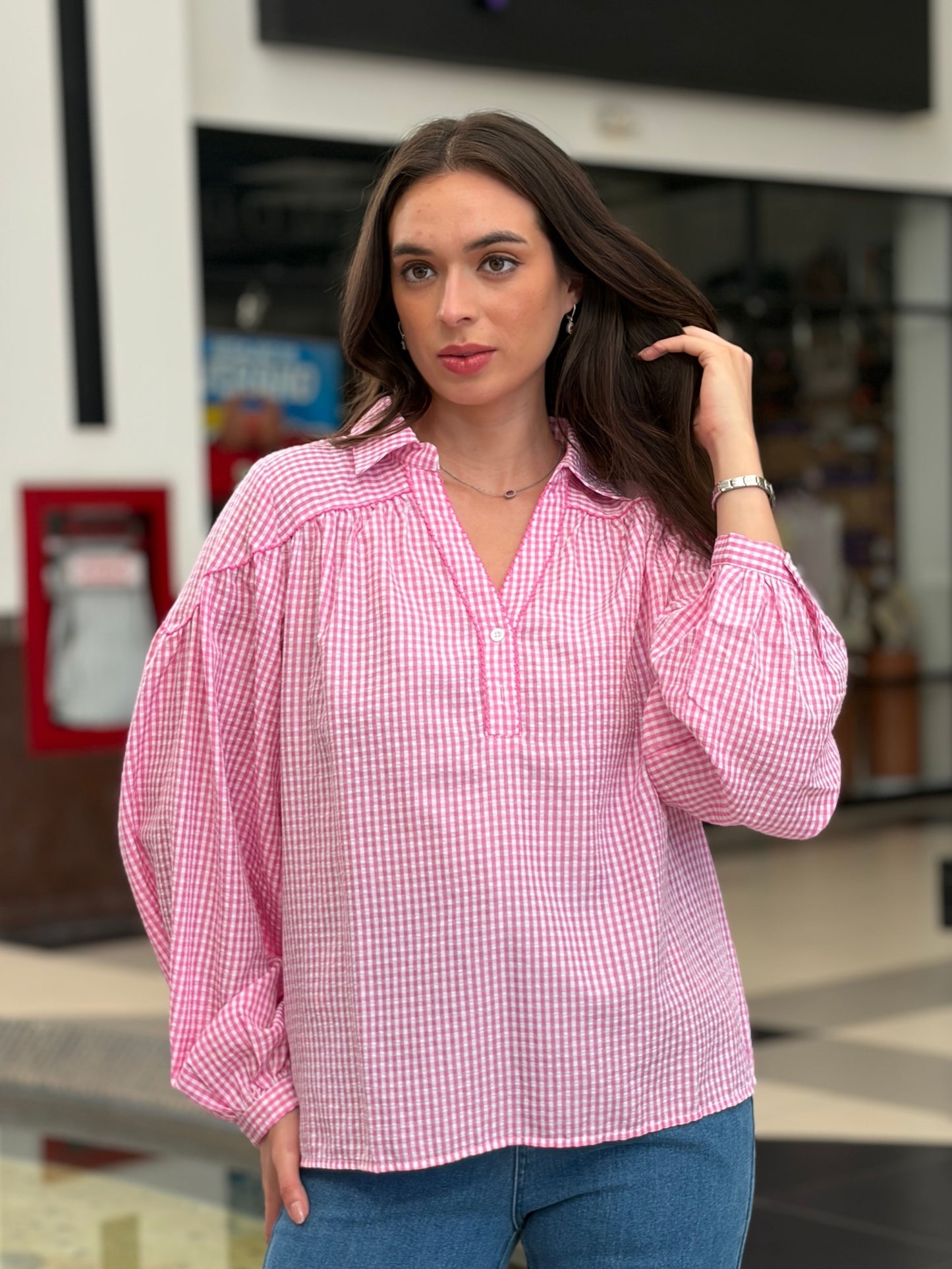Camisa Vichy Rosa con Mangas Abombadas