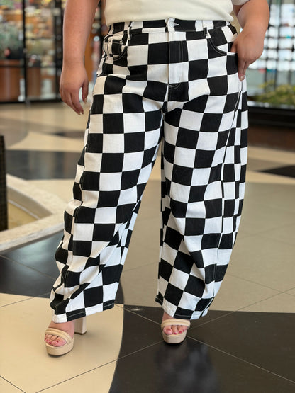 Pantalón Wide Leg con Estampado Damero Blanco y Negro