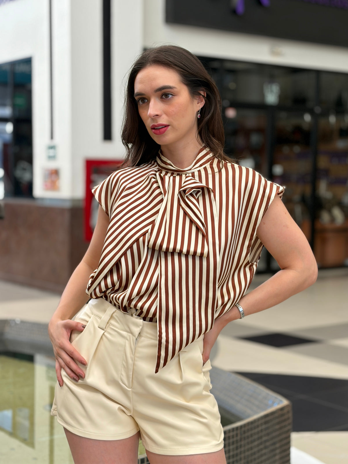 Blusa a Rayas Verticales con Lazo al Cuello