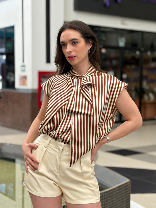 Blusa a Rayas Verticales con Lazo al Cuello