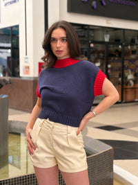 Top/Suéter de punto azul marino y rojo