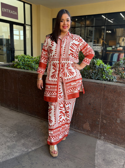 Conjunto Estampado Geométrico Rojo y Blanc